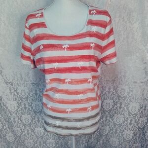 Karen Scott white and pink striped short sleeved top rounded neck XL